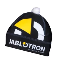 Könnyű téli sapka fehér pomponnal, elasztikus anyagból, lapos díszítő varrással, JABLOTRON logóval