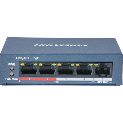 Hikvision DS-3E0105P-E, 5 portos PoE switch; 4 PoE + 1 uplink port