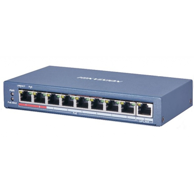Hikvision DS-3E0109P-E/C, 9 portos PoE switch; 8 PoE + 1 uplink port (115W)
